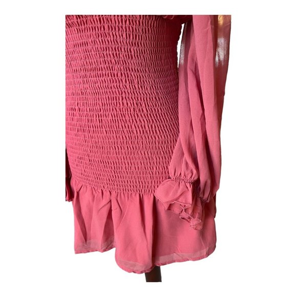 Hyfve off the shoulder balloon sleeve woven mini dress, size small, coral - Picture 3 of 10